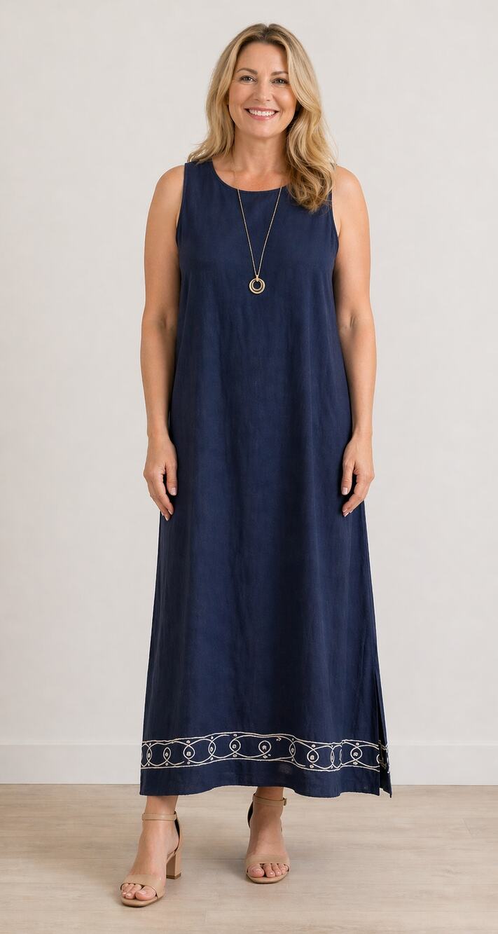Stonebridge Womens Linen Navy Blue Sleeveless Maxi Dress Embroidered Size 14